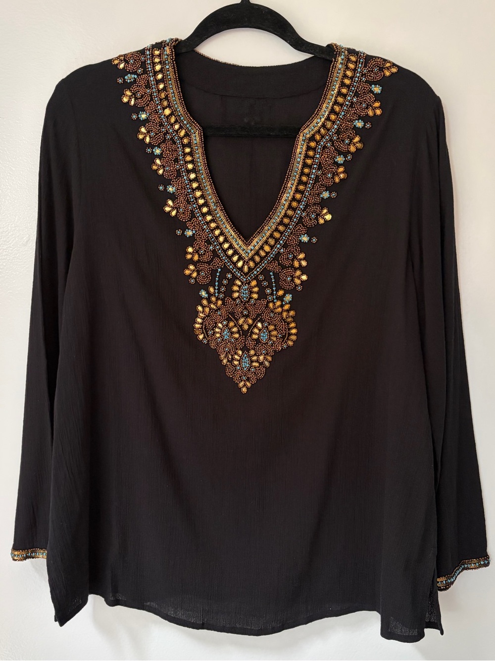 Embellished V-Neck Black Women's Boho Top with Gold & Turquoise Beading Size M